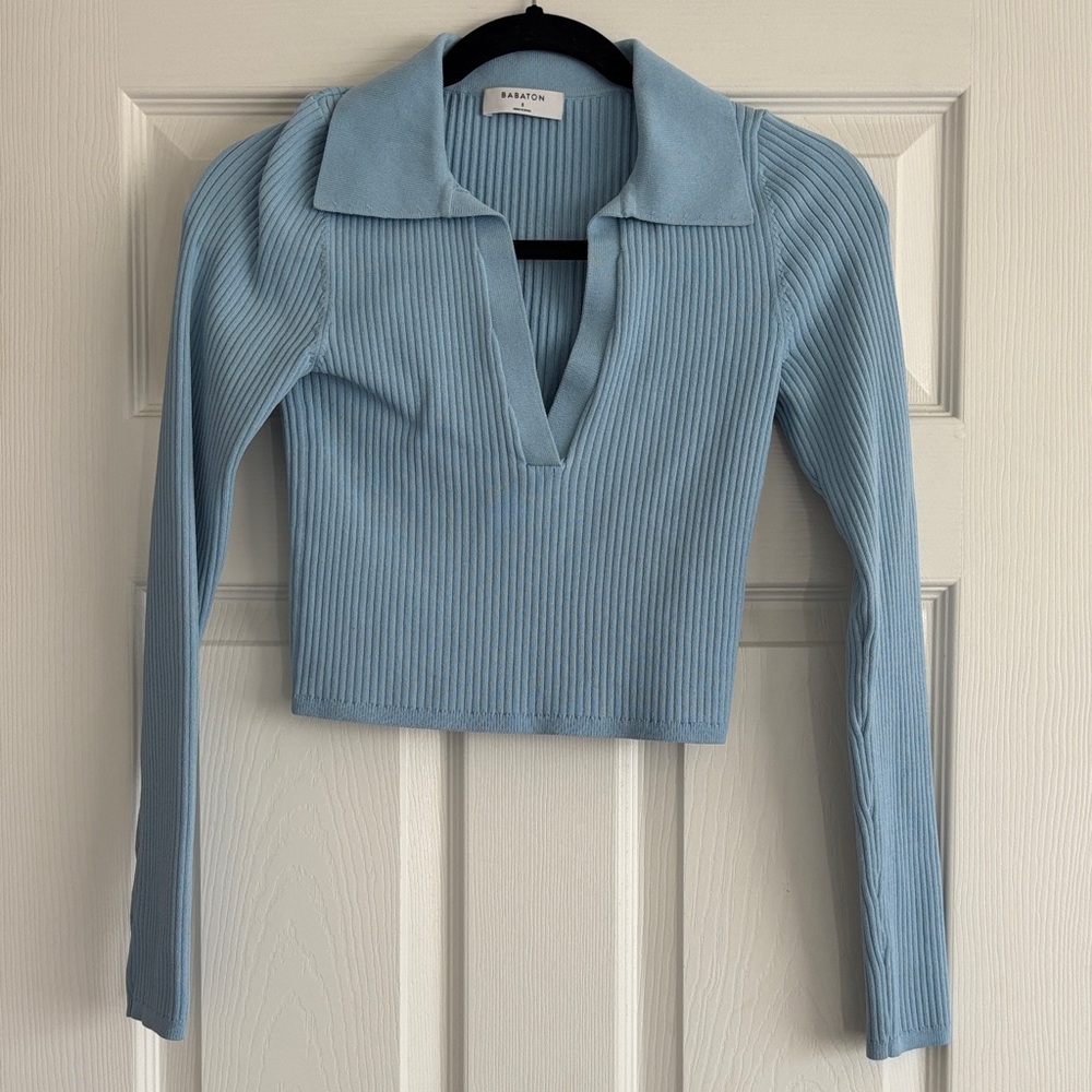 Aritzia Babaton Sky Blue Ribbed Crop Top